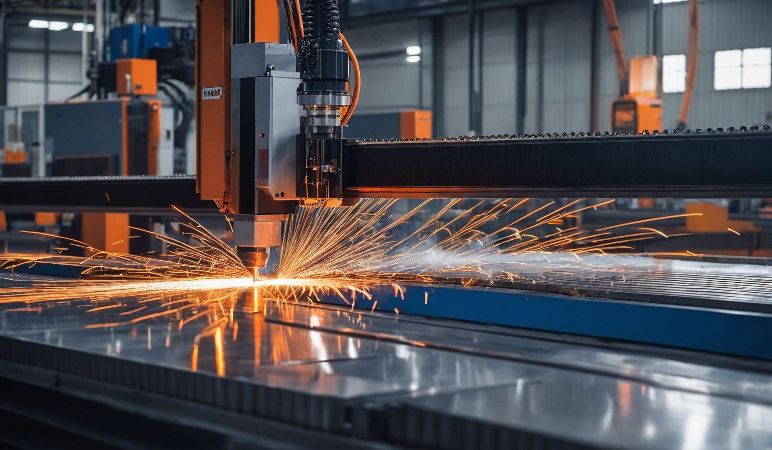 An industrial fiber laser cutting a steel sheet at Metal Fab Demo, a fan of bright orange sparks against the dark shop